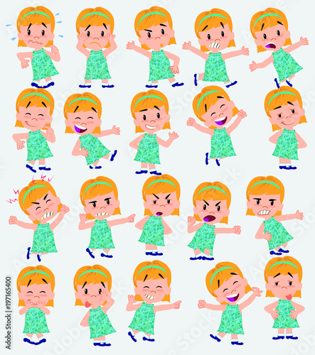 Cartoon character white girl. Set with different postures, attitudes and poses, doing different activities in isolated vector illustrations.