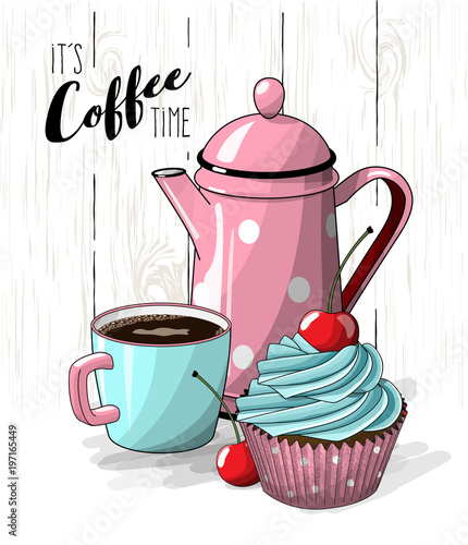 Cupcake with blue cream and cherry, cup of coffee and pink tea pot on simple white wooden texture, illustration