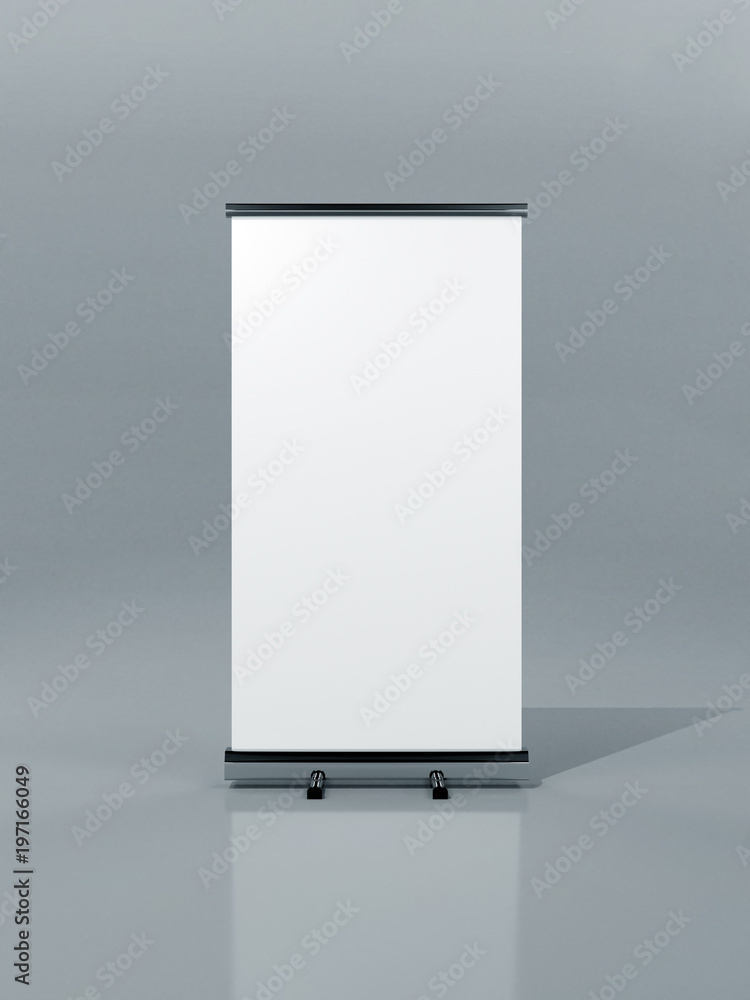 Outdoor Advertising Stand Banner (empty roll-up poster) - mockup template on gray background. 3D rendering Outdoor Advertising Stand Banner (empty roll-up poster) - mockup template on gray background. 3D rendering