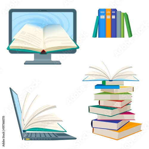 Online encyclopedia poster with computer and notebook, digital textbooks