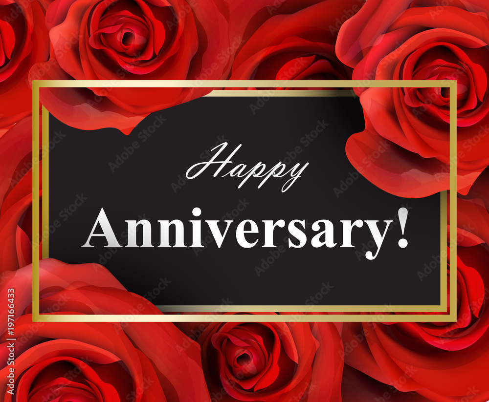 Happy Anniversary red roses background. Vector realistic flowers cards ...