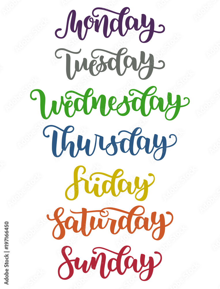 Lettering Days of Week Sunday, Monday, Tuesday, Wednesday, Thursday, Friday, Saturday. Modern Colorful Calligraphy Isolated on White. Vector illustration. Brush ink handlettering for schedule.