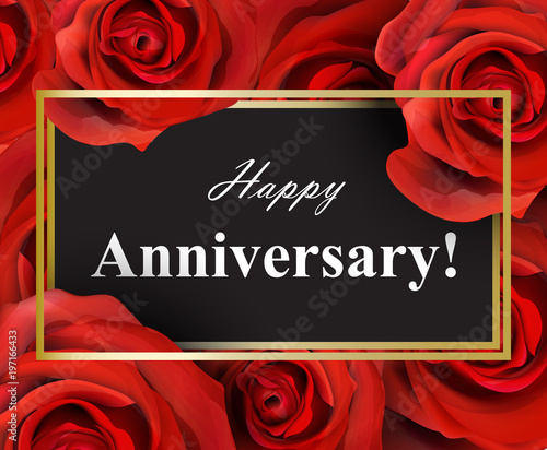 Happy Anniversary red roses background. Vector realistic flowers cards