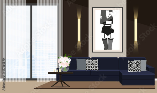 The design of the living room with fashionable furniture. Vector illustration of a flat style.