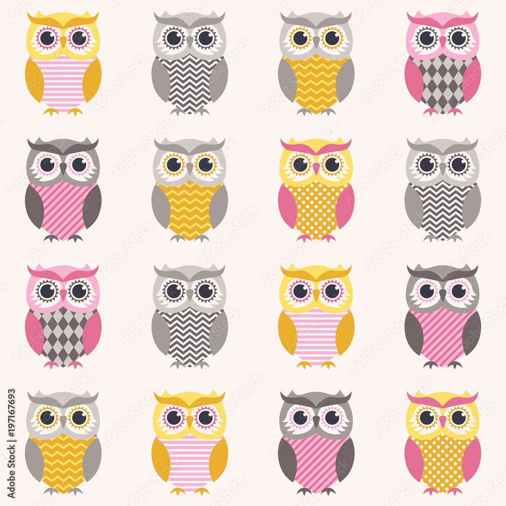 Fototapeta premium seamless owl pattern cartoon in yellow, grey and pink color combo 