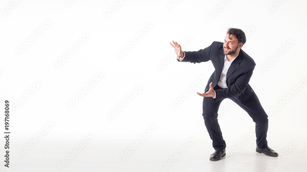 Businessman isolated over white background presenting copyspace Businessman isolated over white background presenting copyspace
