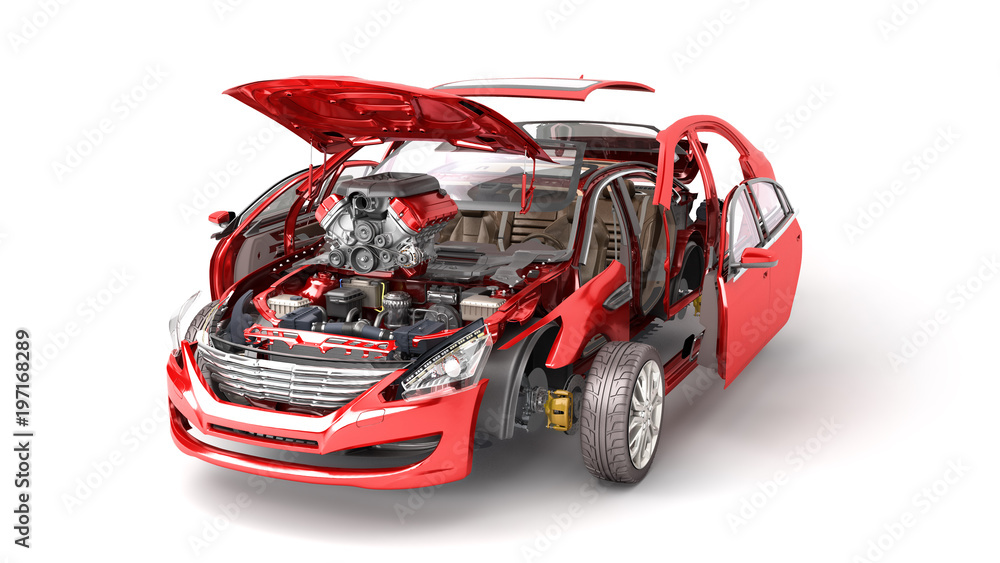 Details of the red car on a white background 3D render