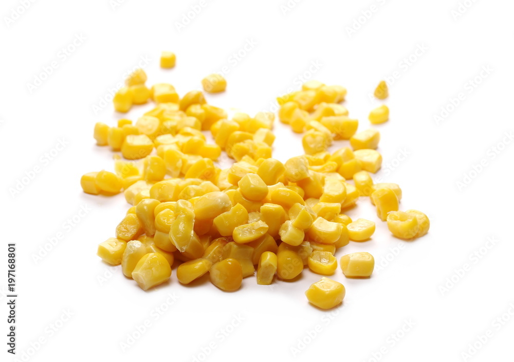 Yellow cooked corn isolated on white background, for popcorn Yellow cooked corn isolated on white background, for popcorn