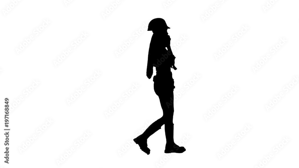 Girl with the hammer on the belt goes. Silhouette. White background . Side view Girl with the hammer on the belt goes. Silhouette. White background . Side view