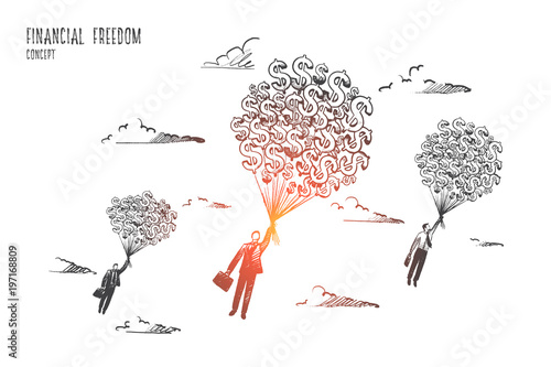 Financial freedom concept. Hand drawn businessmen flying with a lot of dollars. Money gives fill of freedom isolated vector illustration.