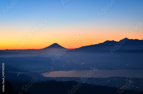 Mt. Fuji over Lake Suwa at Dawn