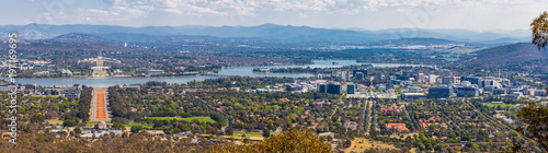 View of Canberra  from Mount Ainslie lookout - ANZAC Parade leading up to the Parliament and modern architecture. ACT, Australia photo