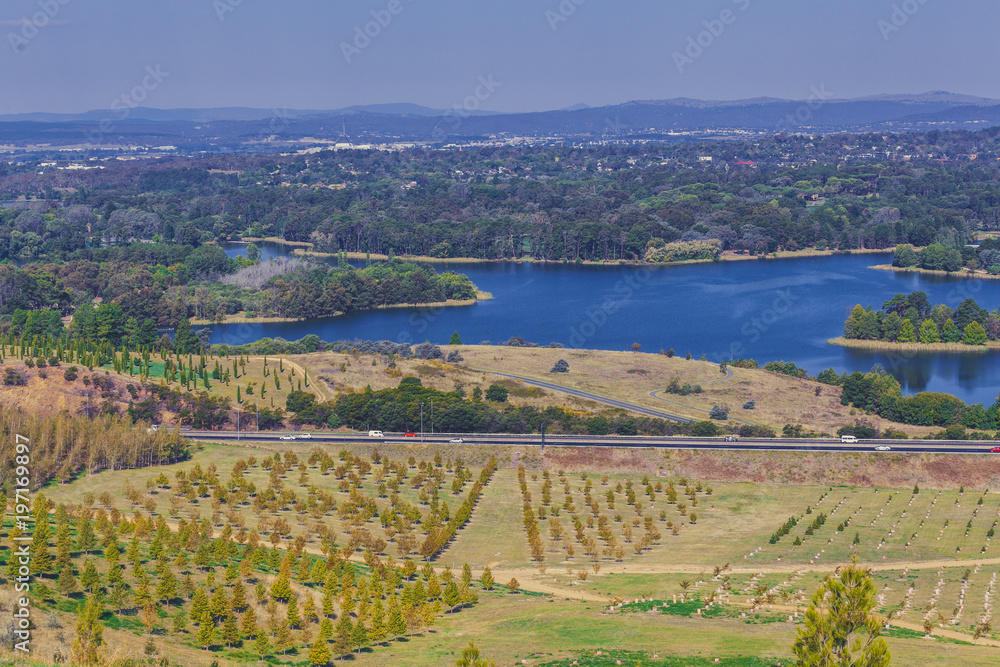 Aerial view of Lake Burley Griffin from National Arboretum, Canberra, Australia