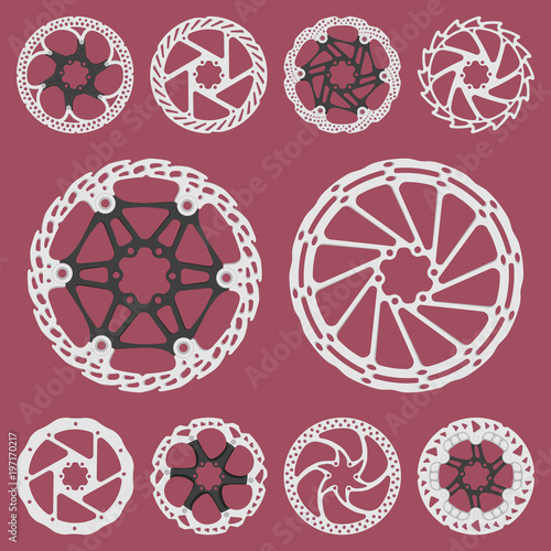 Vector illustration set of a bicycle brake disc, isolated on a colored background.