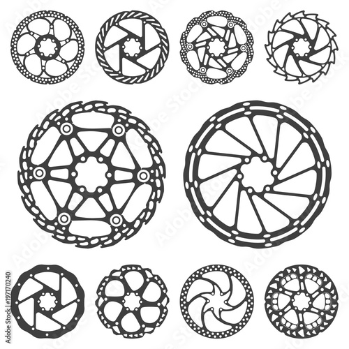 Vector illustration set of silhouettes of a bicycle brake disc, isolated on a colored background. photo