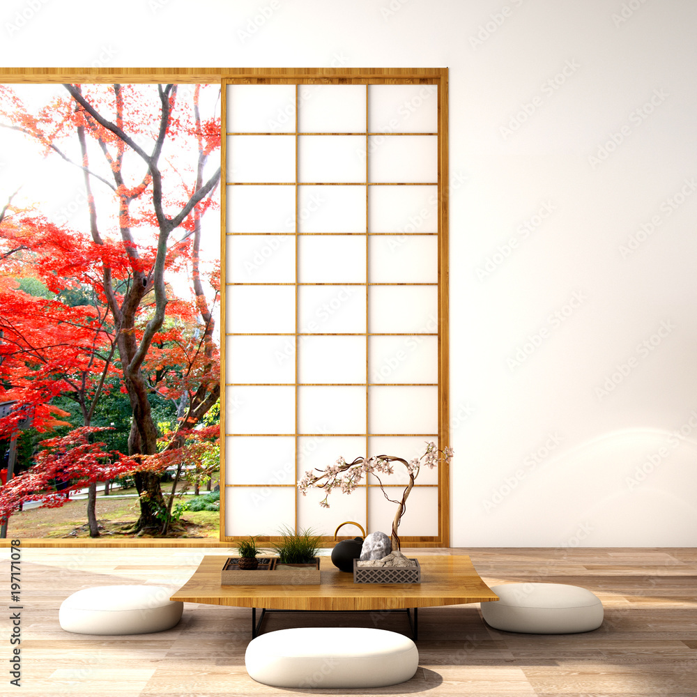 interior design,modern living room with table,wood floor and tatami mat and  traditional japanese door on best window view ,was designed specifically in  Japanese style, 3d illustration, 3d rendering ilustración de Stock