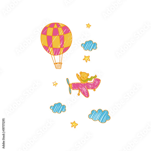 Childish drawing of airplane and air balloon in the sky vector Illustration can be used for poster, greeting card, banner, label, book illustration