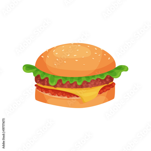 Hamburger with cheese  lettuce  meat patty and bun with sesame seeds vector Illustration on a white background