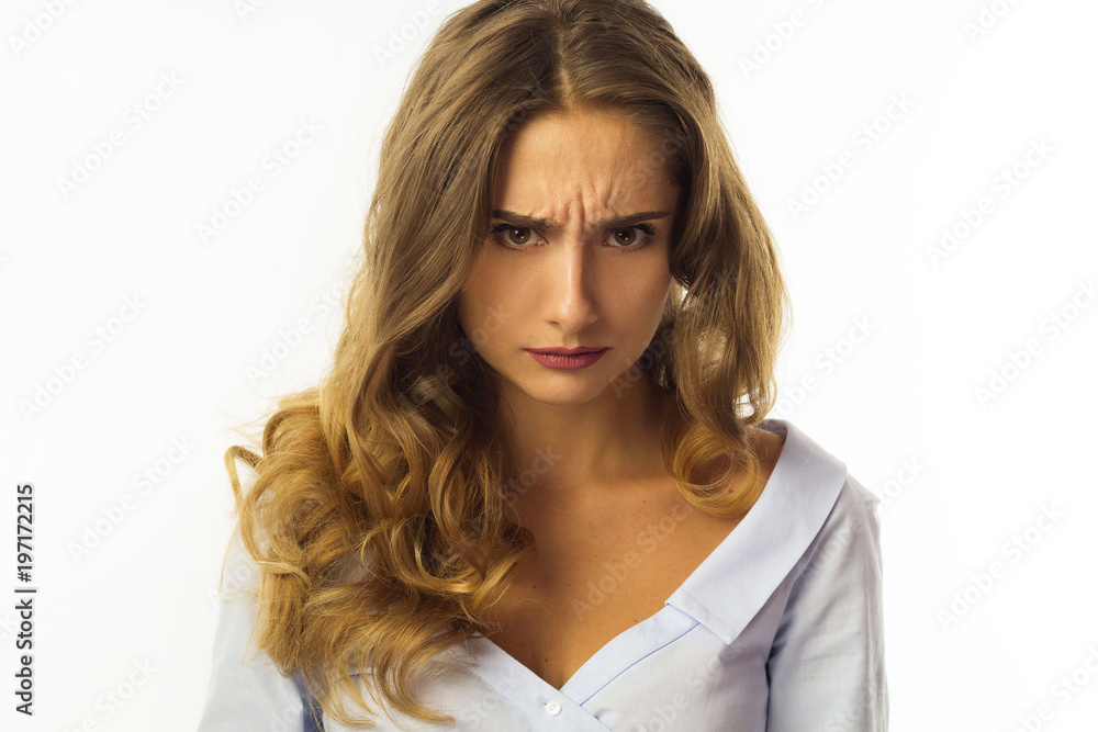 Funny pretty young business woman over white background Funny pretty young business woman over white background