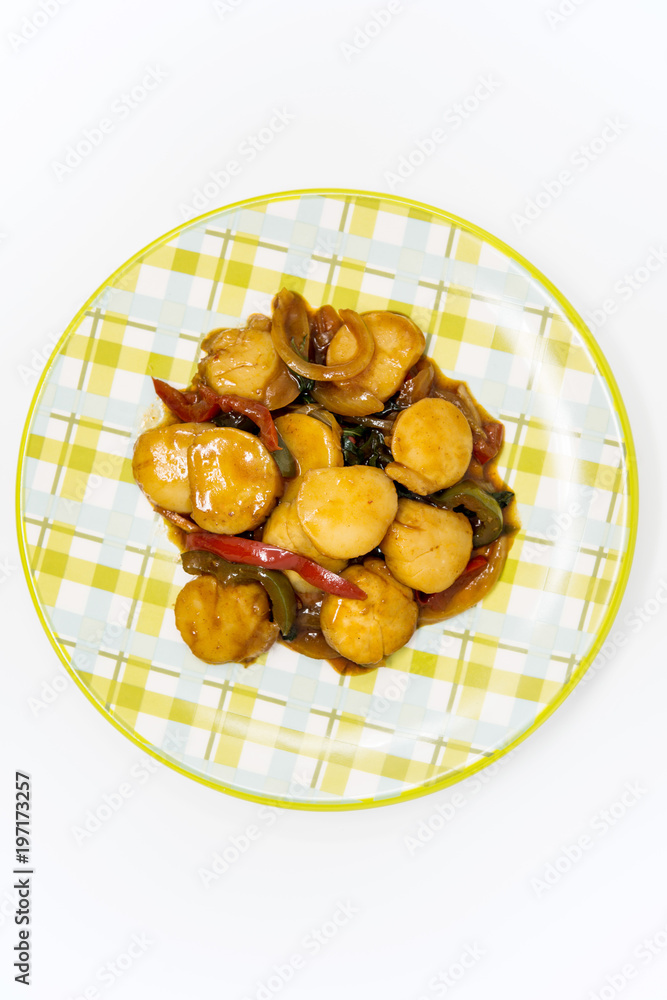 wok fried Scallops stir fry with sweet peppers and chinese vegetables wok fried Scallops stir fry with sweet peppers and chinese vegetables