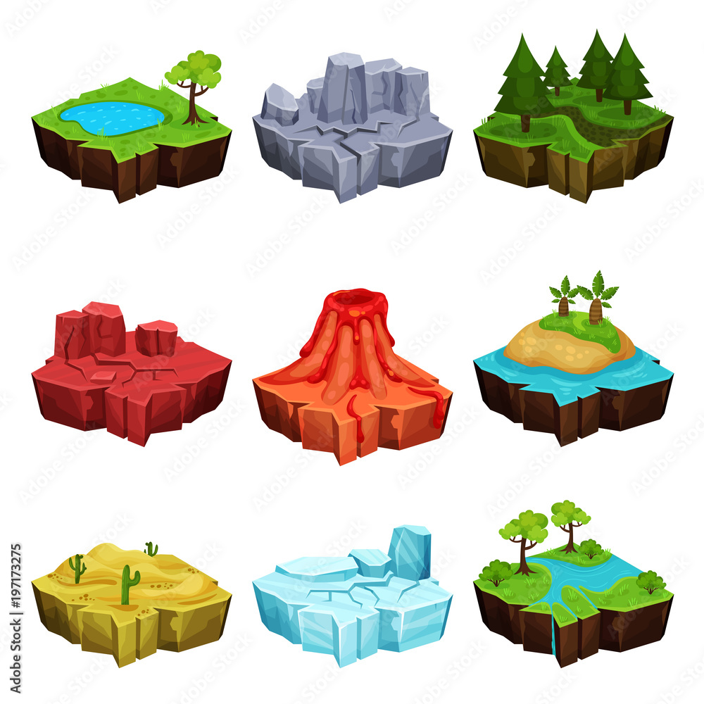 Fototapeta Fantastic islands for game design set, desert, volcano, forest, ice, canyon locations vector Illustrations on a white background