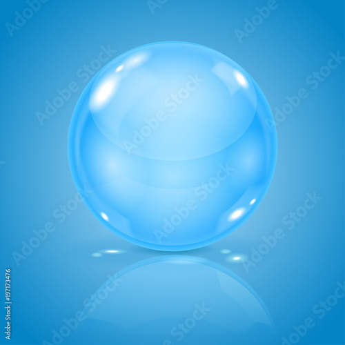 Blue glass ball. 3d shiny sphere on blue background