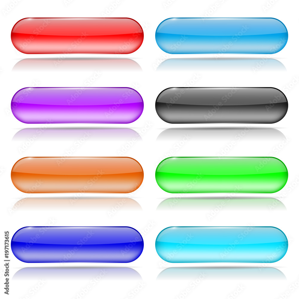 Glass button with reflection. Set of coloreds shiny web 3d icons Glass button with reflection. Set of coloreds shiny web 3d icons