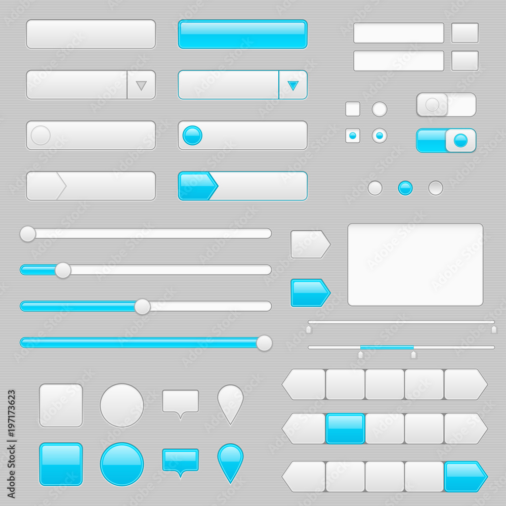 White web interface buttons, slider and icons with blue tags White web interface buttons, slider and icons with blue tags