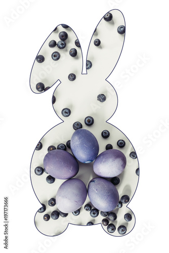 easter bunny symbol with painted eggs and blueberries isolated on white
