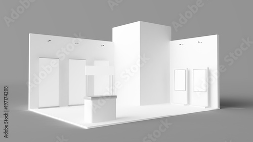 Schilderij op canvas exhibition stand with pos, pois, reception desk and rollers