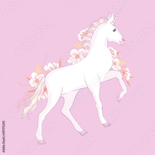 unicorn vector head with mane and horn on floral background.
