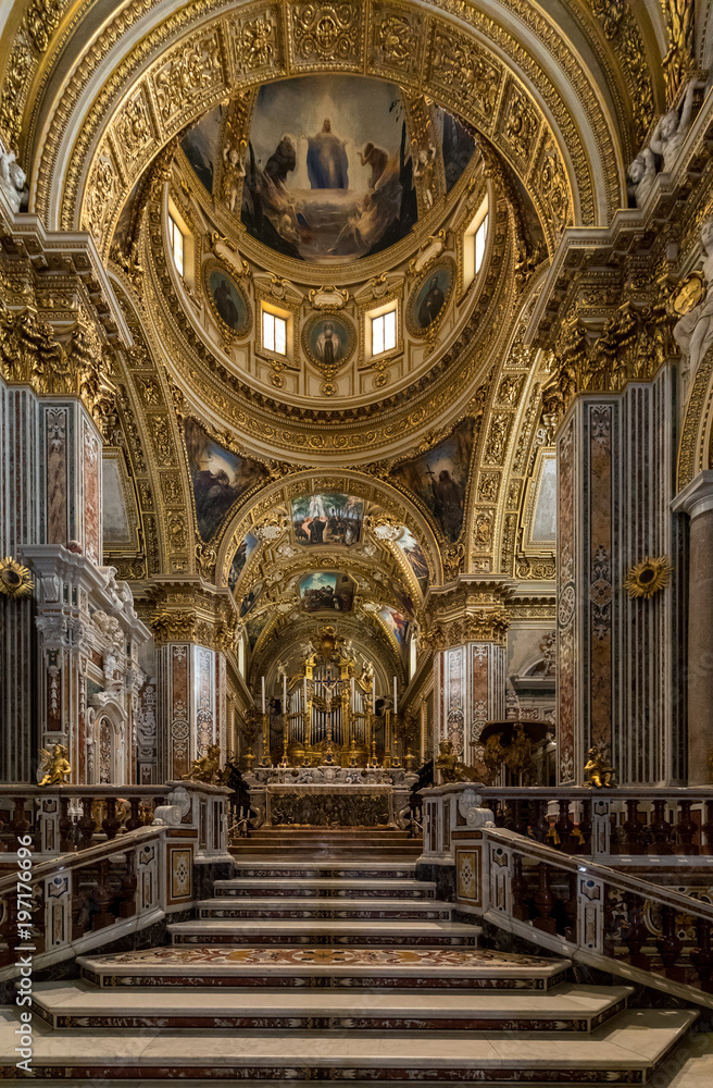 Main nave and altar Inside the Basilica Cathedral at Monte Cassino Abbey. Italy