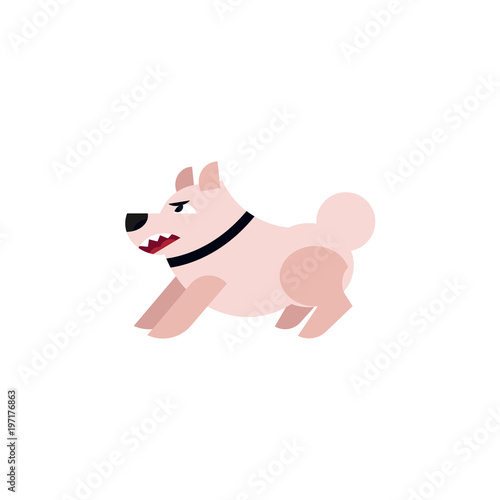 Cartoon angry white dog in black collar grin teeth. Agressive animal pet, expressin fury agression. Vector illustration on isolated white background photo