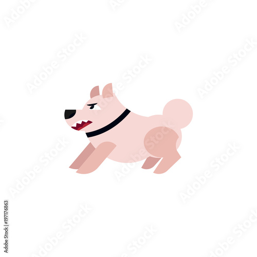 Cartoon angry white dog in black collar grin teeth. Agressive animal pet, expressin fury agression. Vector illustration on isolated white background