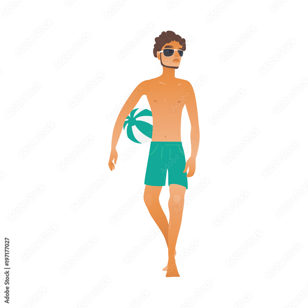Fototapeta premium Vector cartoon handsome topless man in beach shorts sunglasses holding inflatable ball. Holiday vacation male character, tropical resort, travelling design element. Isolated illustration