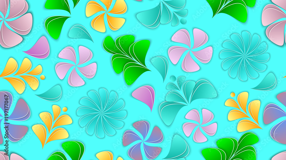 Fototapeta premium Vector seamless pattern with paper flowers and petals. Flower 3d background, aspect ratio 16: 9. Paper cut out style.