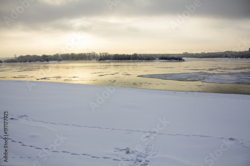Freezing river on a cold winter day in Siberia