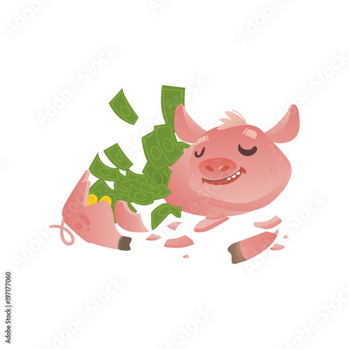 Cartoon broken piggy bank icon. Happy pig money box without savings with smiling facial expression. Business finance, banking rich and weath concept. Vector isolated background illustration