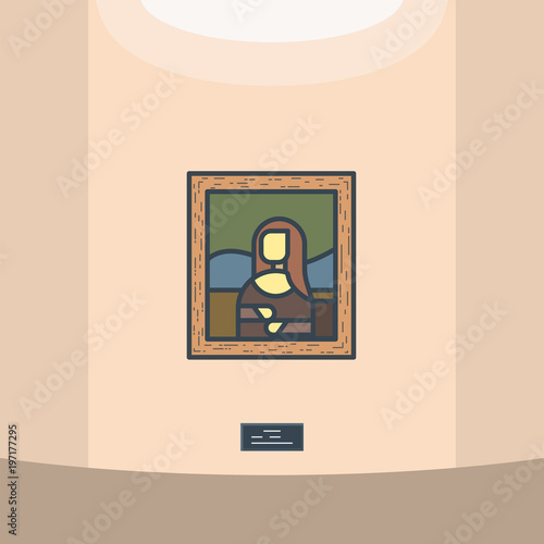 Portrait of renaissance women Mona Lisa. Leonardo Da Vinci paintings. Louvre gallery. Wooden frame and old famous classic masterpiece picture. Museum vector line style vector.