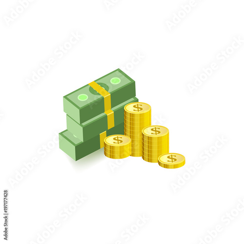 Stack of green dollar paper banknotes in packs of hundred notes and gold coins isolated on white background. Isometric money element for finance and banking theme banner or card. Vector illustration.
