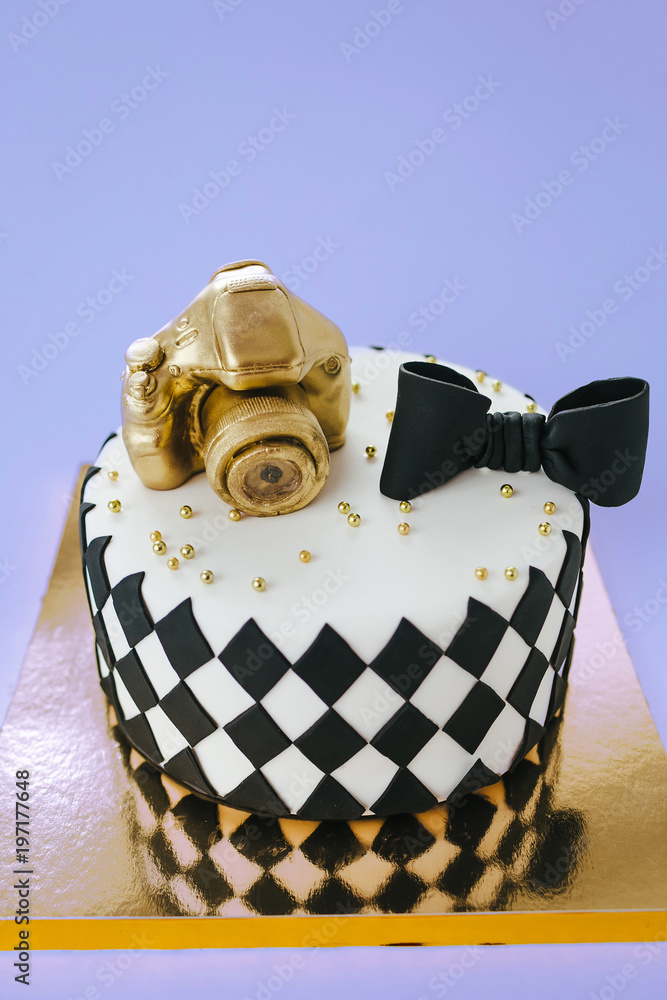 Black and White Birthday Cake For Photographer On Blue Background