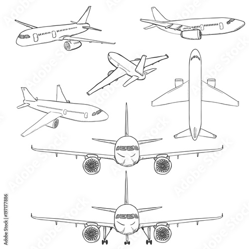 Vector Set of Sketch Hand Drawn Airplanes.