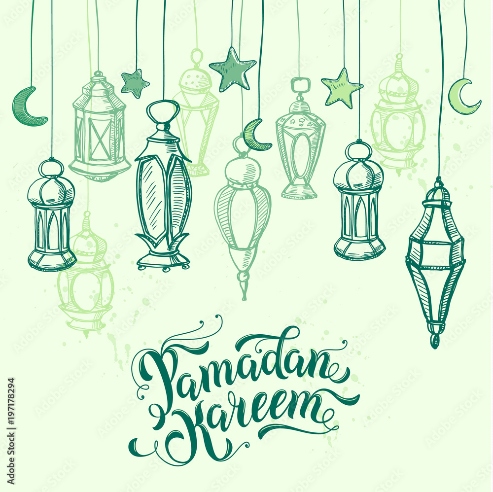 Ramadan Kareem calligraphy lettering. Arabic lamps, sketch hanging lanterns. Hand drawing card, poster, background for Ramadan - Ramadan Kareem calligraphy lettering. Arabic lamps, sketch hanging lanterns. Hand drawing card, poster, background for Ramadan -