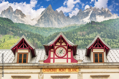 Chamonix Mont blanc train station, les Aiguilles de Chamonix in the backgound, The Alps, France photo