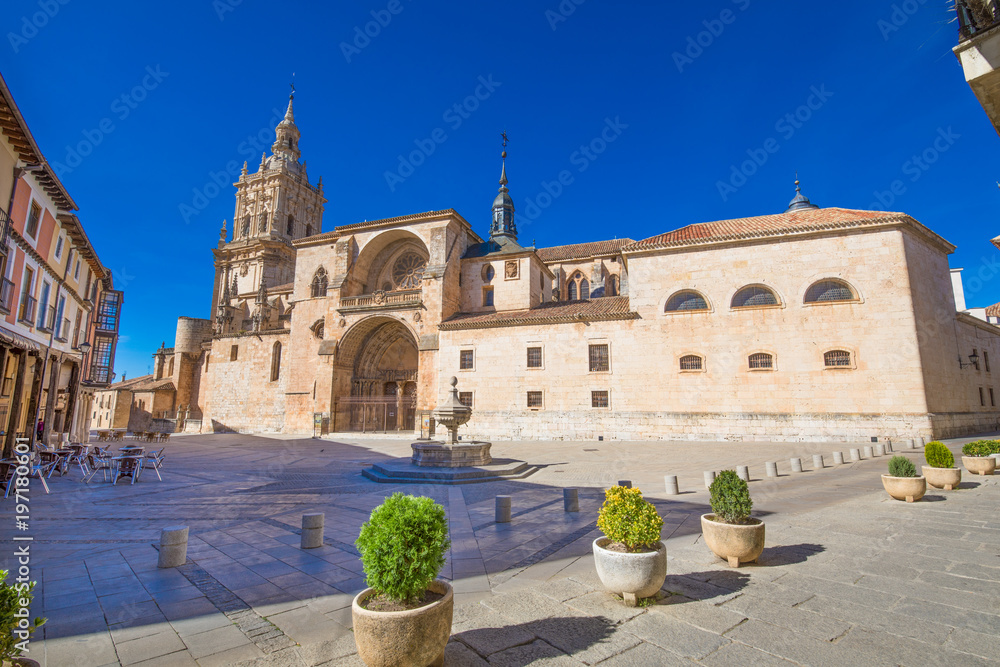 square of cathedral in Burgo de Osma medieval, landmark and monument from thirteenth century, in Soria, Spain, Europe
