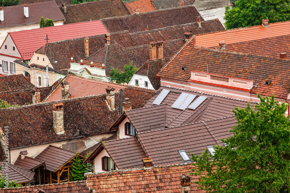 Terracotta tiled roofs with chimneys and dormer windows of city