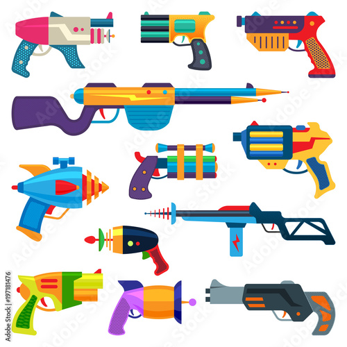 Cartoon gun vector toy blaster for kids game with handgun and raygun of aliens in space illustration set of child pistols and laser weapon isolated on white background