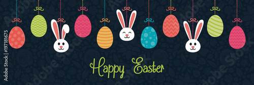 Easter banner with cute bunnies, eggs and wishes. Vector.