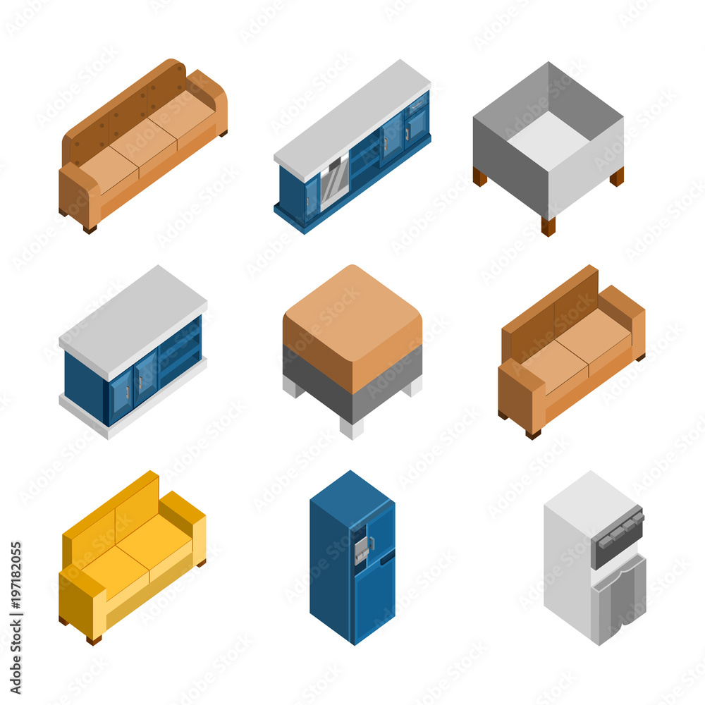 Various 3D Isometric Home Furniture Illustration Set