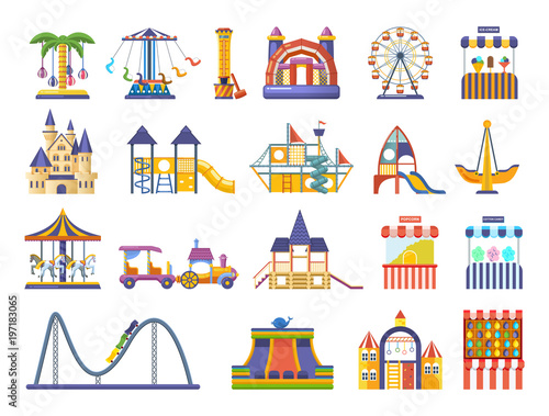 Modern children s amusement park, with attractions. Playgrounds for children.